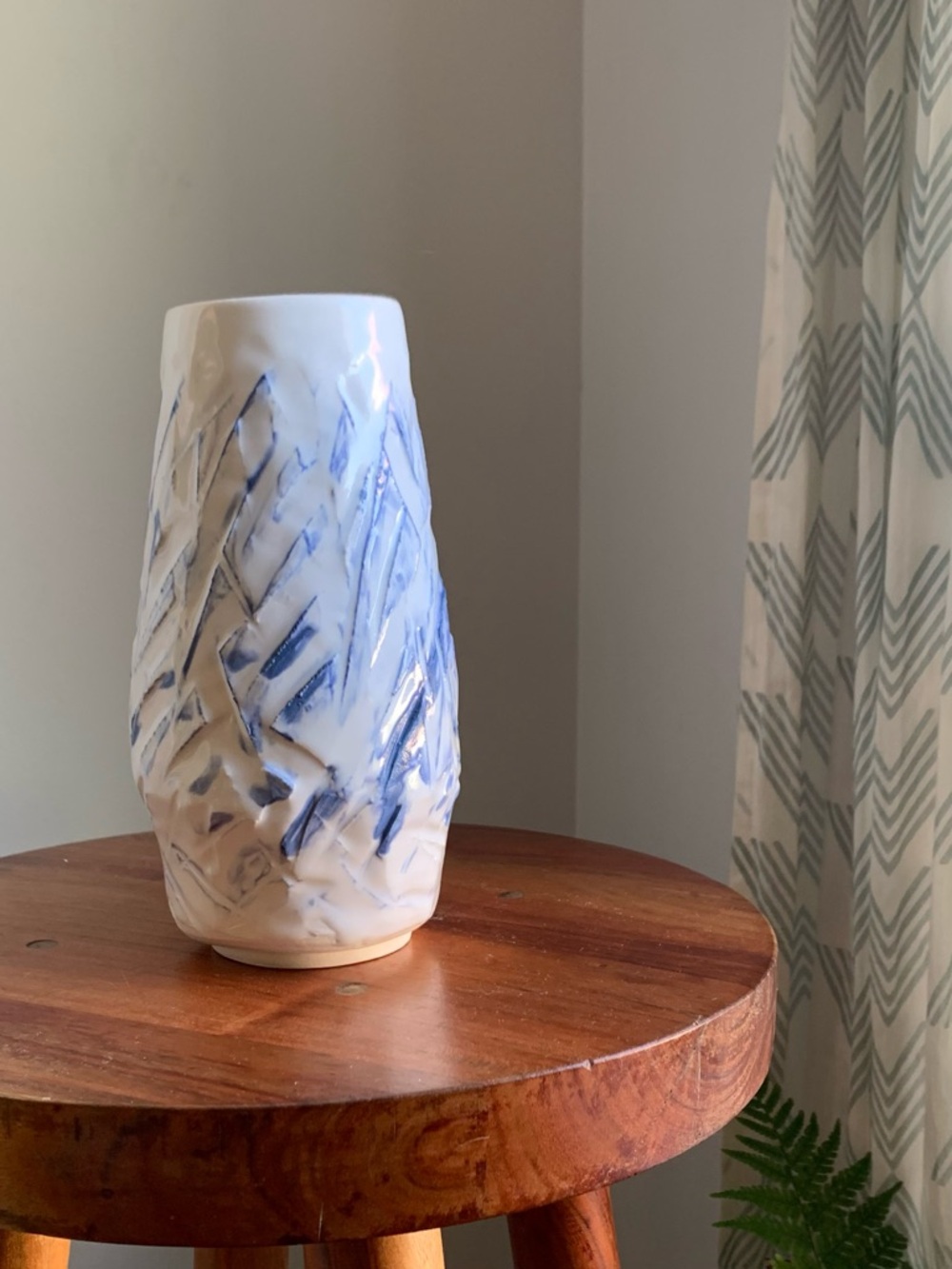 Heavy Handmade White Ceramic Vase Blue Brushstrokes